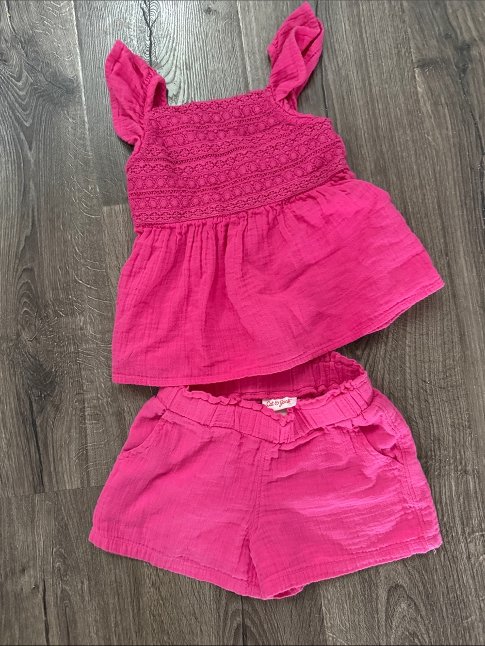 Bundle Cat & Jack Girls' Smocked Tank & Short Set - White and Hot Pink - Picture 2 of 7